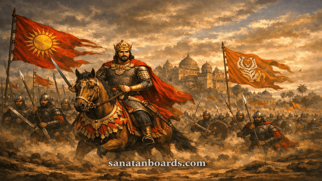 "BALLALA SENA (BENGAL) leading army in traditional armor, medieval battlefield background, watermark sanatanboards.com."