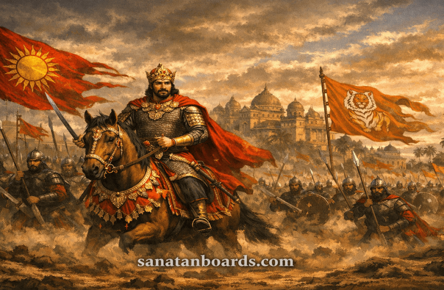 "BALLALA SENA (BENGAL) leading army in traditional armor, medieval battlefield background, watermark sanatanboards.com."