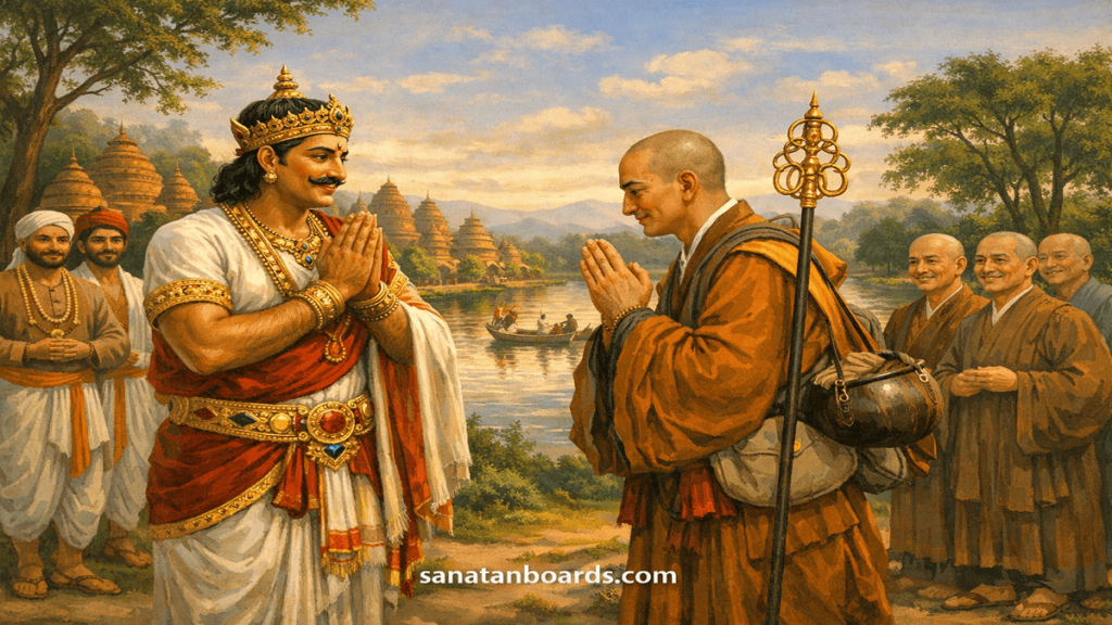 Bhaskaravarman greeting Xuanzang in a scenic Kamarupa landscape with temples and greenery.