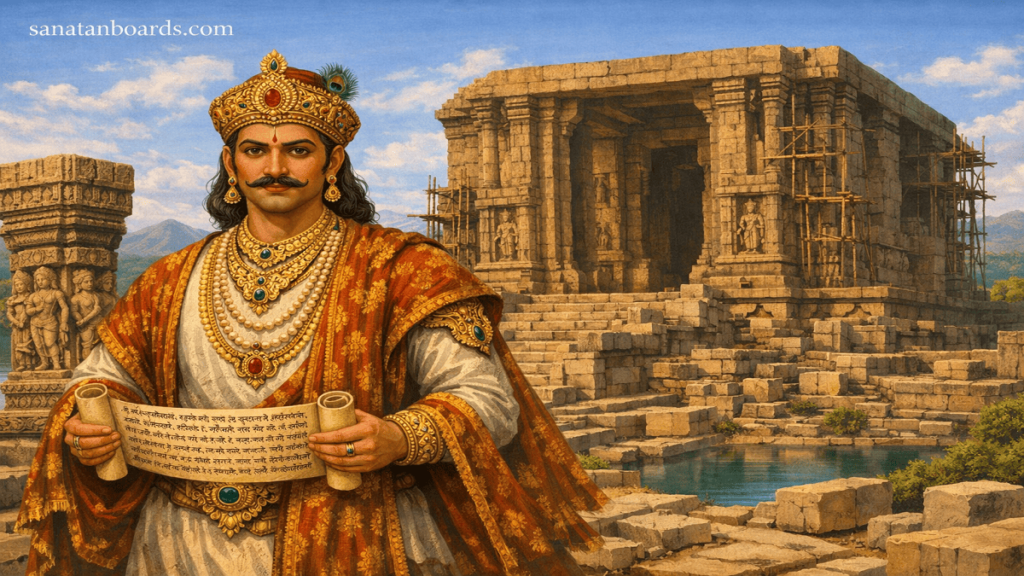 King Bhojadeva in royal attire holding a Sanskrit scroll before the unfinished Bhojeshwar Temple, with Malwa landscape and sanatanboards.com watermark.