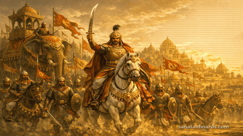 CHANDRAGUPTA II VIKRAMADITYA (GUPTA EMPIRE) leading a military procession with soldiers and elephants, city skyline, watermark sanatanboards.com