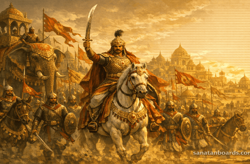 CHANDRAGUPTA II VIKRAMADITYA (GUPTA EMPIRE) leading a military procession with soldiers and elephants, city skyline, watermark sanatanboards.com