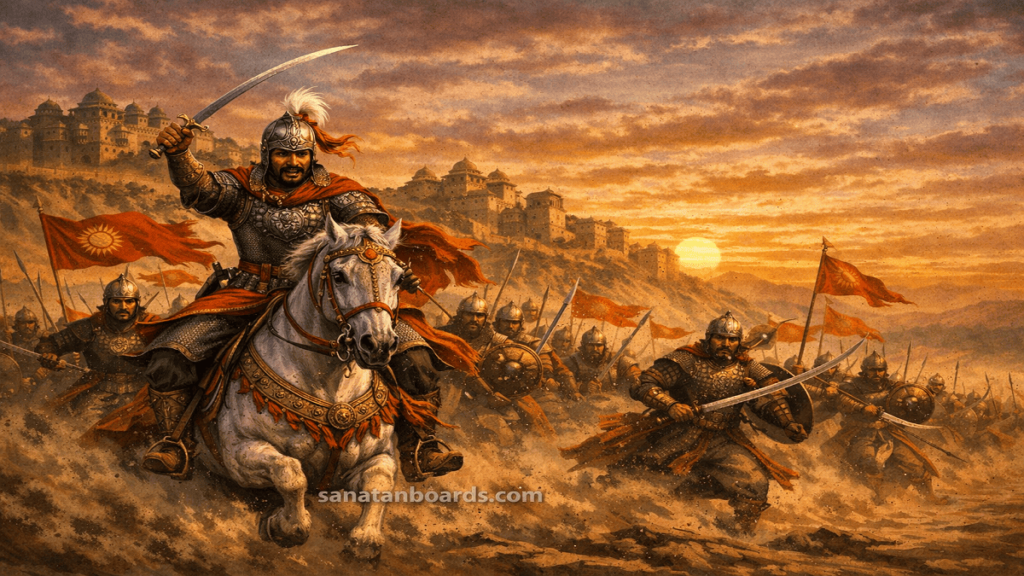 "Chhatrasal Bundela on horseback leading soldiers in Bundelkhand, sunset sky, forts in background, watermark sanatanboards.com."