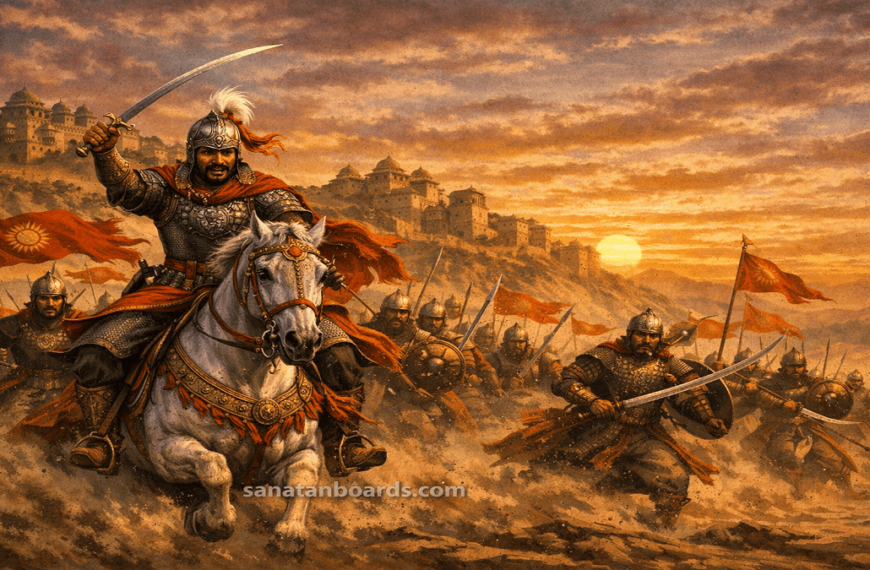 "Chhatrasal Bundela on horseback leading soldiers in Bundelkhand, sunset sky, forts in background, watermark sanatanboards.com."