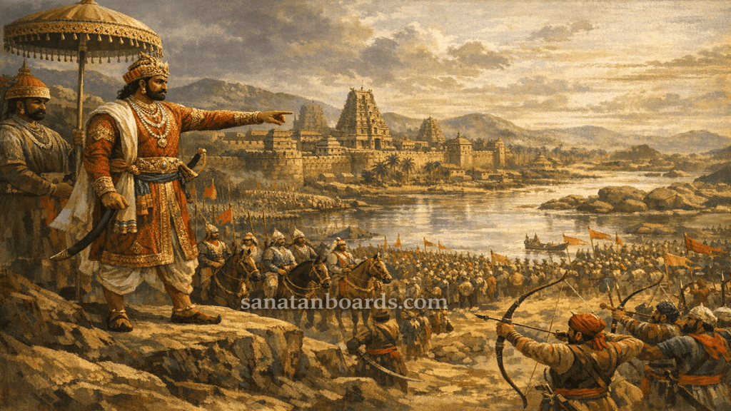 "DEVARAYA I (VIJAYANAGAR) inspecting his army with Hampi city and temples in the background, watermark 'sanatanboards.com'."