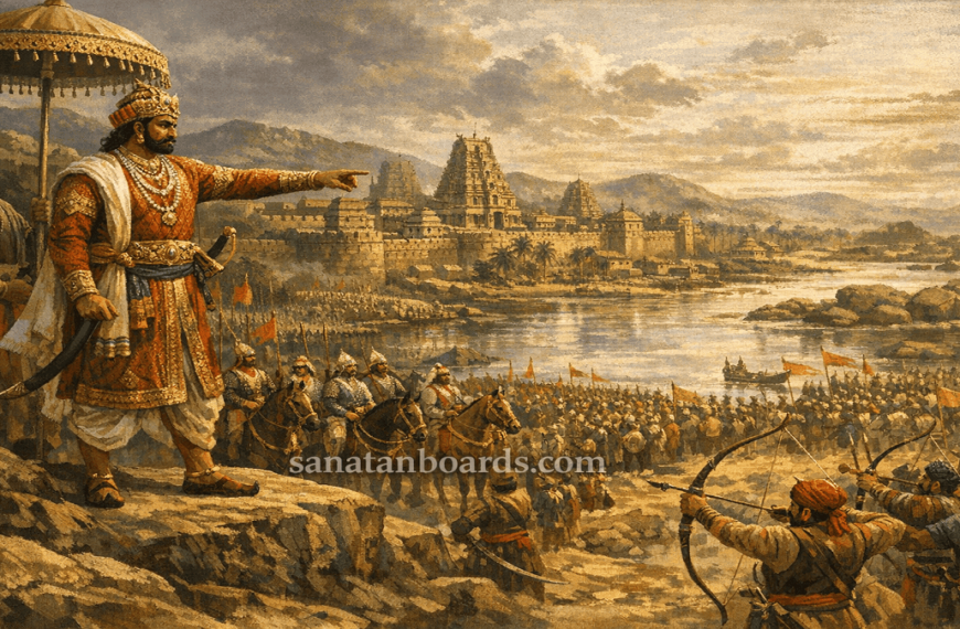 "DEVARAYA I (VIJAYANAGAR) inspecting his army with Hampi city and temples in the background, watermark 'sanatanboards.com'."