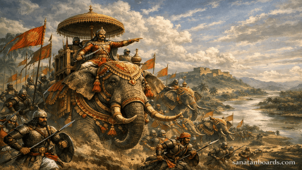 “Devaraya II on war elephant leading Vijayanagar army, banners and soldiers, tropical landscape, watermark sanatanboards.com”