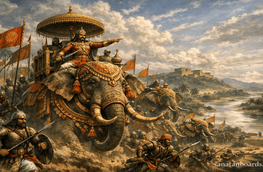 “Devaraya II on war elephant leading Vijayanagar army, banners and soldiers, tropical landscape, watermark sanatanboards.com”