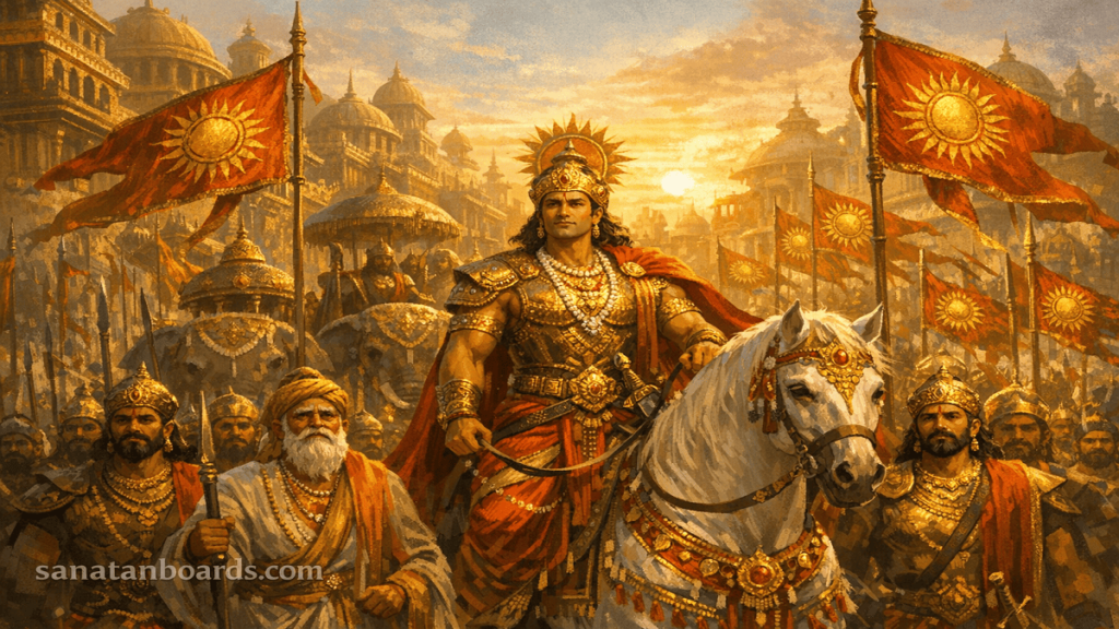 "KAKUSTHA (IKSHVAKU) leading a ceremonial procession with advisors and soldiers in an ancient city, Solar Dynasty. Watermark: sanatanboards.com."