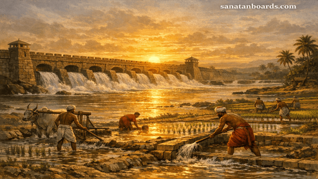 Grand Anicut built by KARIKALA CHOLA with flowing water and irrigation, watermark ‘sanatanboards.com’.