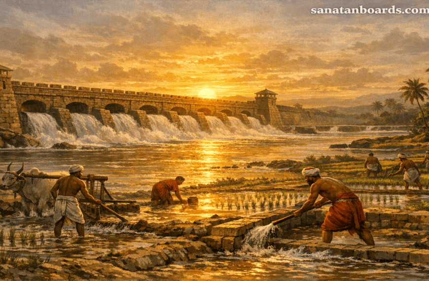 Grand Anicut built by KARIKALA CHOLA with flowing water and irrigation, watermark ‘sanatanboards.com’.