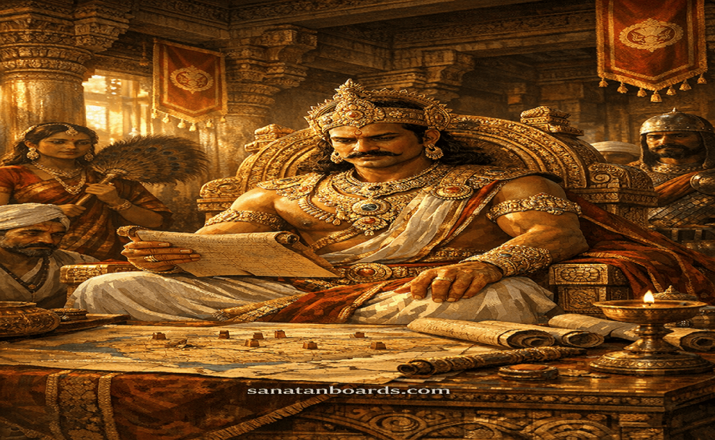 “KHARAVELA (KALINGA) seated on throne inside Kalinga palace, reviewing maps and scrolls, surrounded by attendants, watermark ‘sanatanboards.com’.”