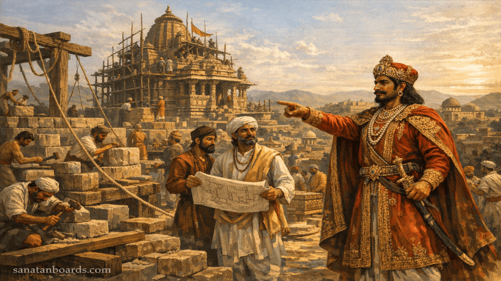 “King Bhoja supervising temple construction in Malwa, with architects and artisans, sanatanboards.com watermark visible.”