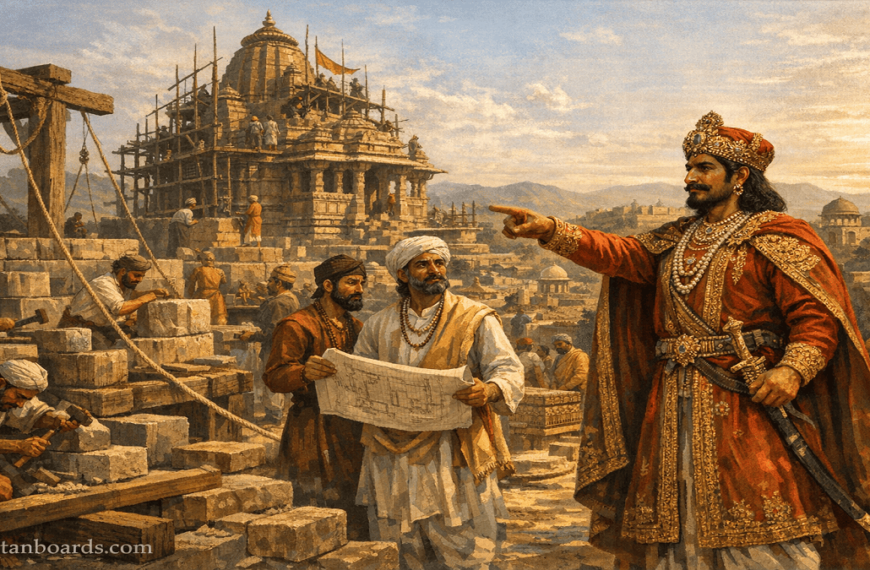 “King Bhoja supervising temple construction in Malwa, with architects and artisans, sanatanboards.com watermark visible.”