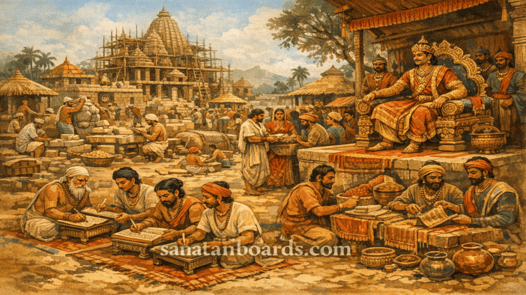 "Scene of medieval Bengal during Lakshmanasena’s reign with scholars, temple construction, and villagers, featuring 'sanatanboards.com' watermark."