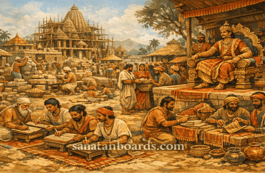 "Scene of medieval Bengal during Lakshmanasena’s reign with scholars, temple construction, and villagers, featuring 'sanatanboards.com' watermark."