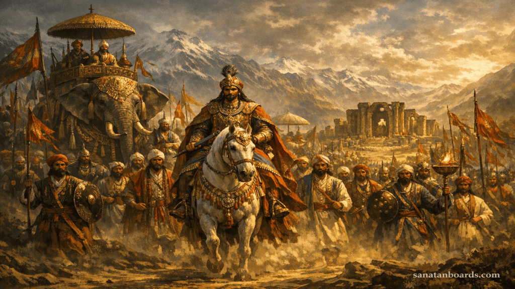 “LALITADITYA MUKTAPIDA leading a royal procession to Martand Sun Temple, with watermark sanatanboards.com visible.”