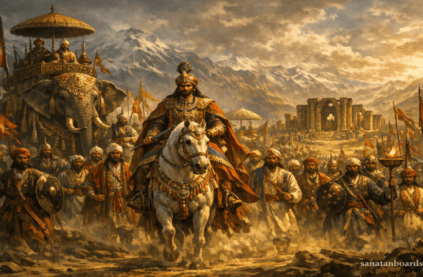 “LALITADITYA MUKTAPIDA leading a royal procession to Martand Sun Temple, with watermark sanatanboards.com visible.”