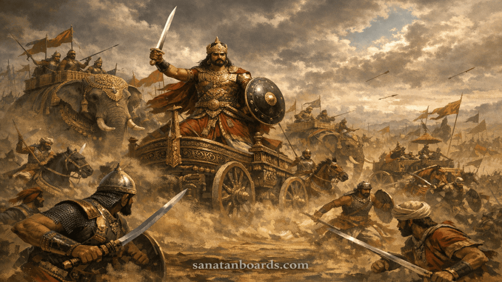 “MADHAVA VARMA (ANDHRA) leading his army in a historic 5th-century Andhra battle, with watermark sanatanboards.com”