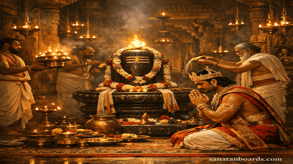 Pandya king worshipping Lord Shiva inside an ancient Tamil Nadu temple