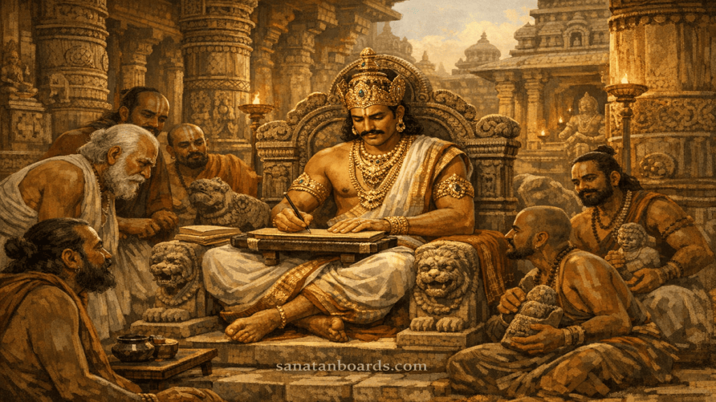 "Mahendravarman (Pallava) writing Sanskrit satire 'Mattavilasa‑Prahasana' with scholars around, watermark 'sanatanboards.com'."