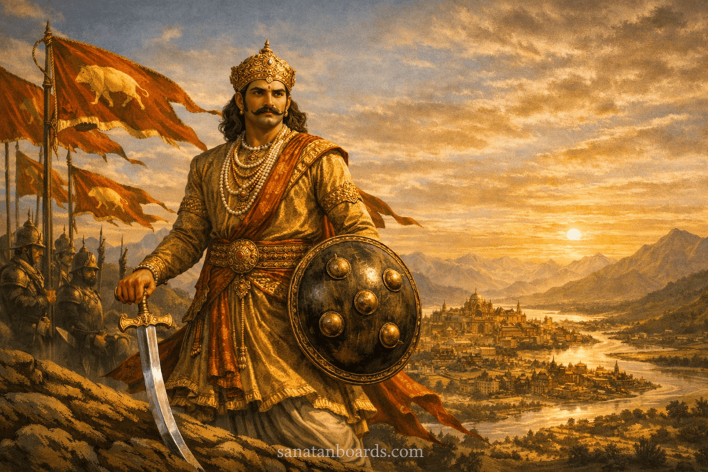 “Mihira Bhoja (Pratihara) standing on a hill overlooking his empire, dressed in royal 9th-century attire, with banners and landscape, watermark sanatanboards.com.”