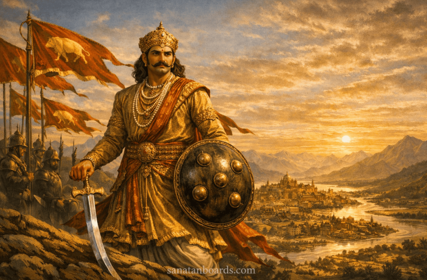 “Mihira Bhoja (Pratihara) standing on a hill overlooking his empire, dressed in royal 9th-century attire, with banners and landscape, watermark sanatanboards.com.”