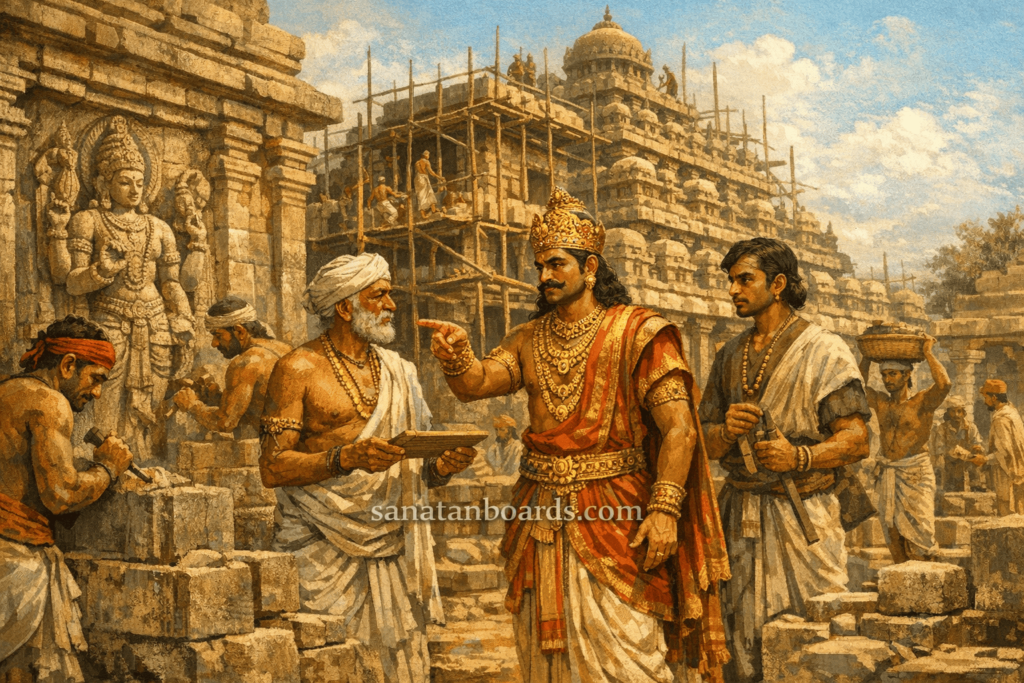 "Nandivarman II (Pallava) inspecting Vaikuntha-Perumal Temple construction, with artisans at work, watermark sanatanboards.com."