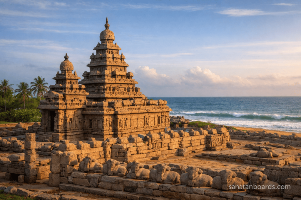 "Panoramic view of the Shore Temple at Mahabalipuram with ocean background, featuring a 'sanatanboards.com' watermark."