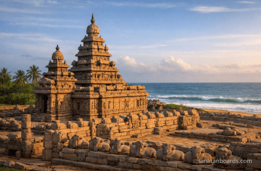 "Panoramic view of the Shore Temple at Mahabalipuram with ocean background, featuring a 'sanatanboards.com' watermark."