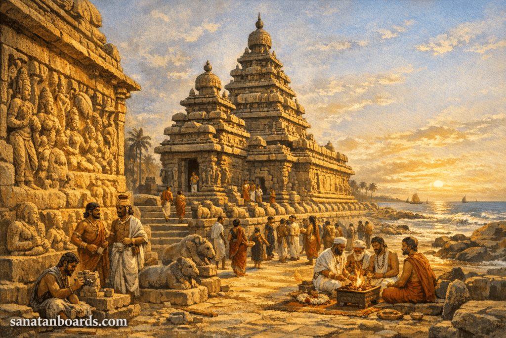 Shore Temple at Mamallapuram during NARASIMHAVARMAN II’s reign, showing Pallava architecture, artisans, and watermark sanatanboards.com.