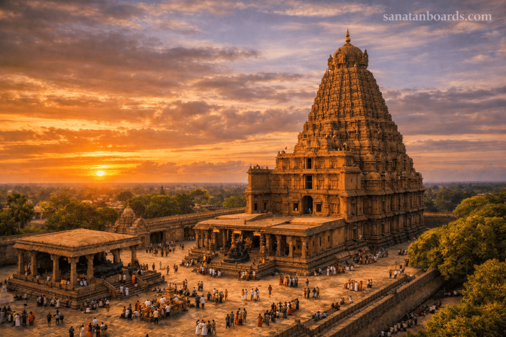 “Aerial view of Brihadeeswarar Temple with RAJA RAJA CHOLA I-era carvings, priests and devotees in courtyard, watermark sanatanboards.com”