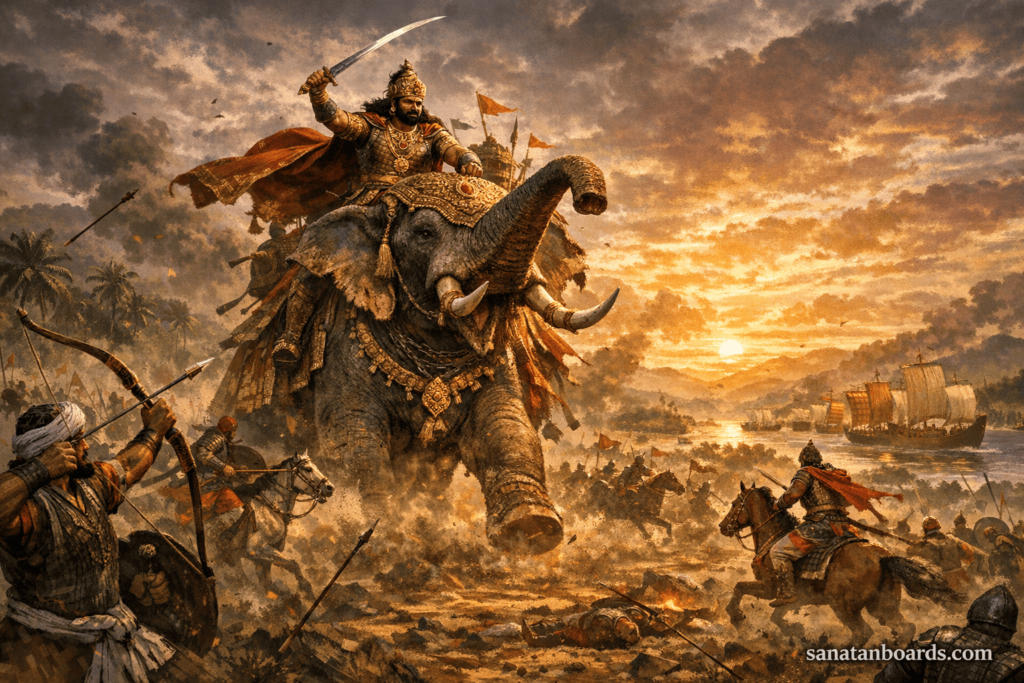 “Rajadhiraj Chola I leading a battle on a war elephant, with soldiers, archers, and naval ships, watermark sanatanboards.com.”