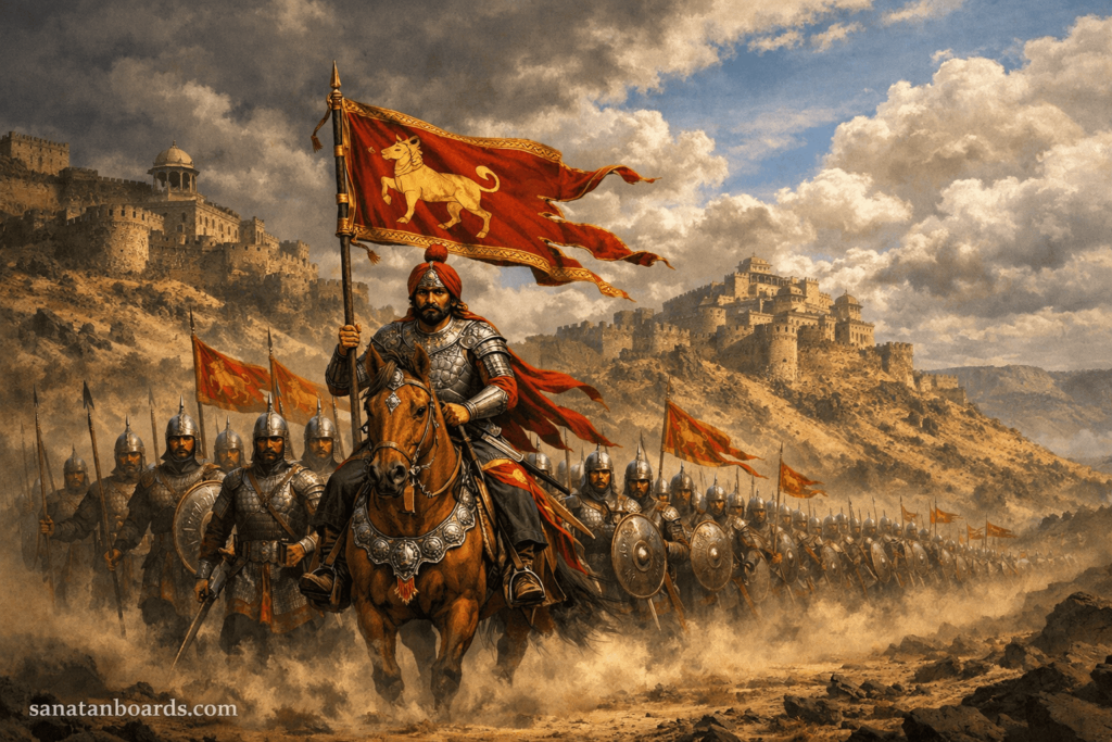 “Ramachandra Yadava leading his army through Devagiri fort, watermark sanatanboards.com.”