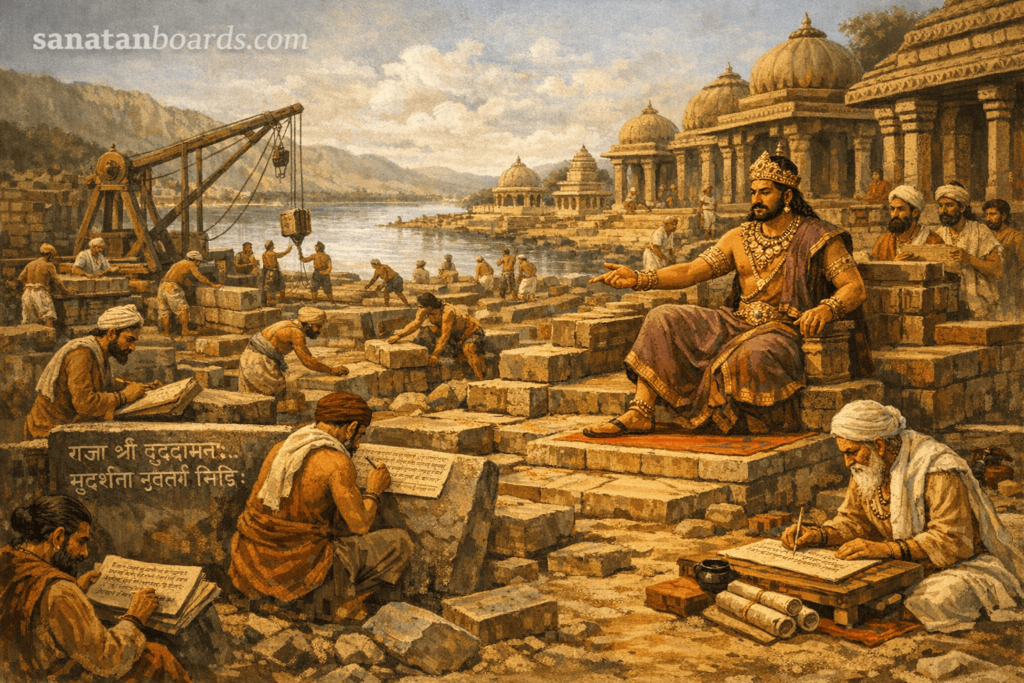 “Rudradāman I supervising Sudarśana Lake repair with scholars and workers, Sanskrit inscriptions visible, watermark sanatanboards.com.”