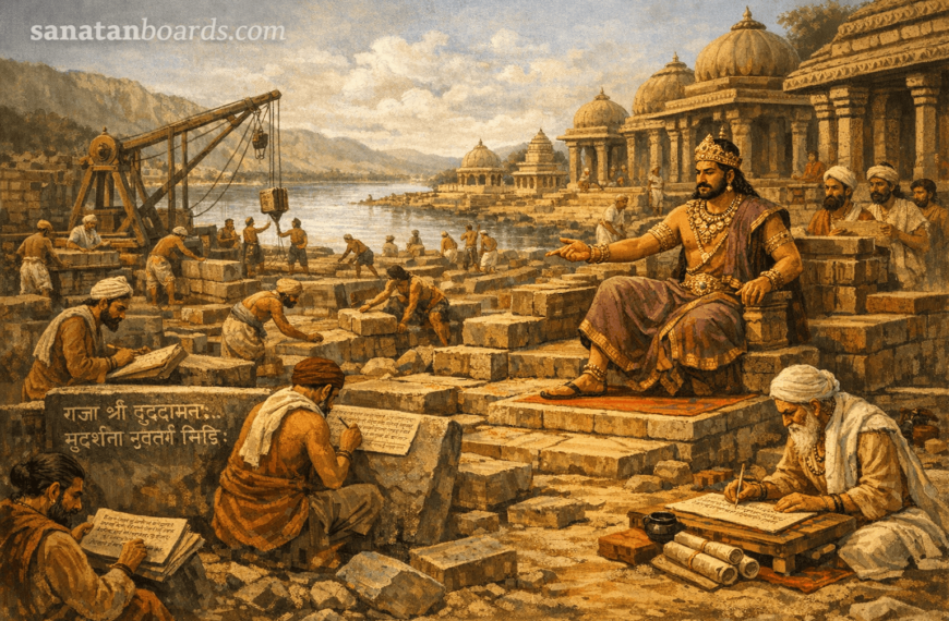 “Rudradāman I supervising Sudarśana Lake repair with scholars and workers, Sanskrit inscriptions visible, watermark sanatanboards.com.”