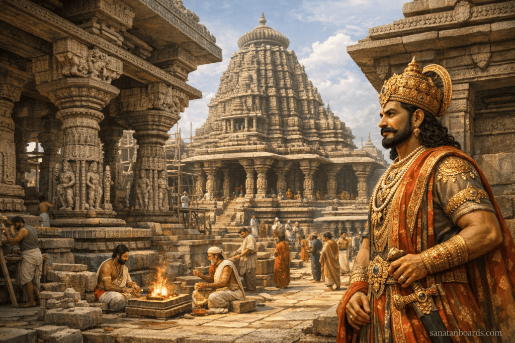 “The Thousand Pillar Temple of the Kakatiya Dynasty with Rudradeva observing construction. Stone carvings and detailed architecture are visible. Watermark: sanatanboards.com.”