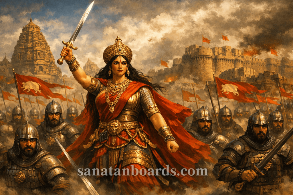 “Rudrama Devi, Kakatiya queen, leading soldiers into battle in 13th-century South India, with temples and forts in the background, watermark ‘sanatanboards.com’.”