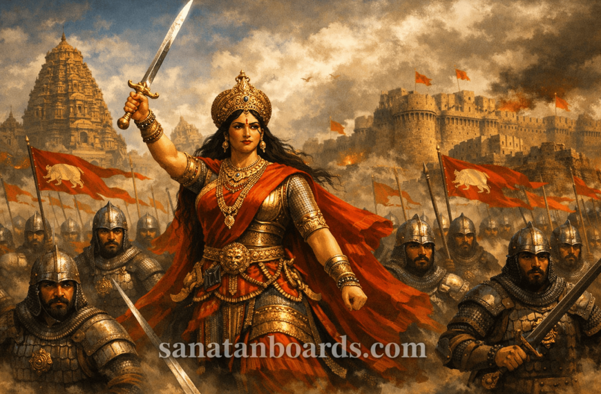 “Rudrama Devi, Kakatiya queen, leading soldiers into battle in 13th-century South India, with temples and forts in the background, watermark ‘sanatanboards.com’.”
