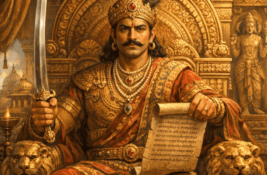 "Skandagupta on golden throne holding sword and scroll, representing power and governance, with sanatanboards.com watermark."