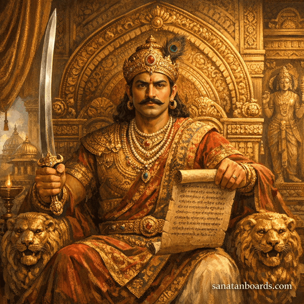 "Skandagupta on golden throne holding sword and scroll, representing power and governance, with sanatanboards.com watermark."