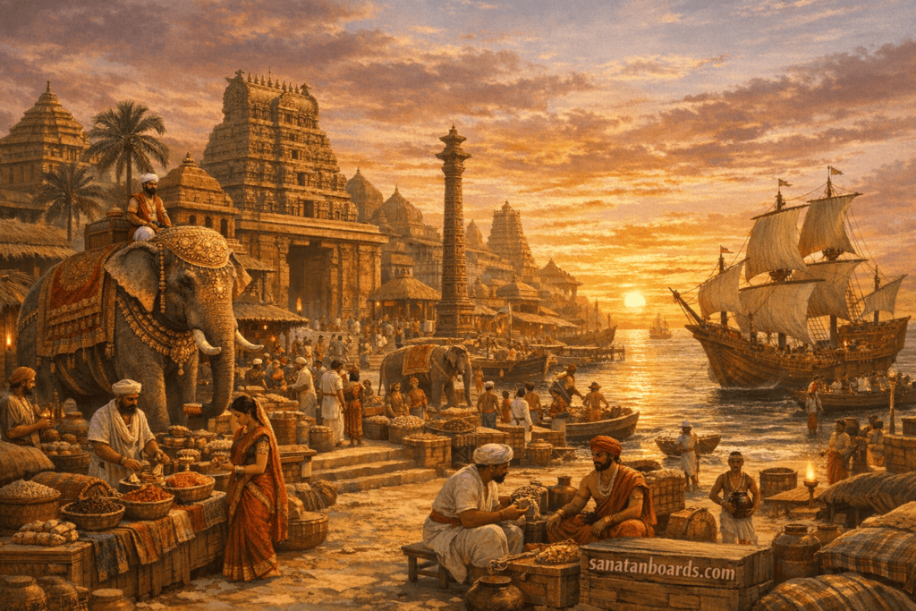 Busy port city of the Pandyan kingdom with ships and traders during Srivallabha Pandyan’s time.