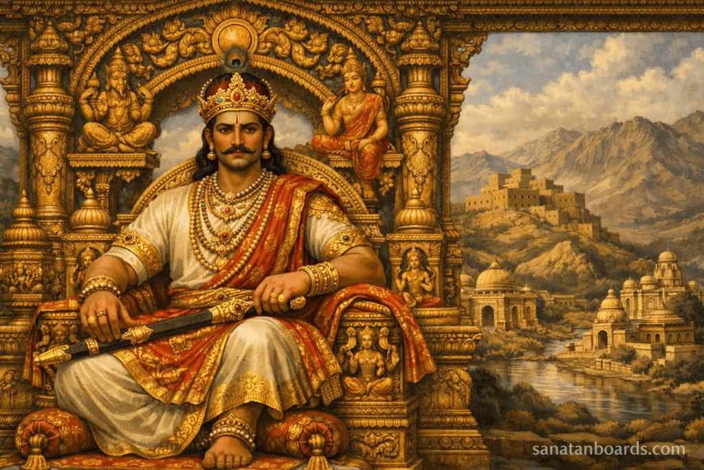 “Portrait of King Trilochanapala of the Shahi Kingdom on a golden throne with Hindu motifs, traditional attire, Kabul Valley architecture in the background; watermark sanatanboards.com.”