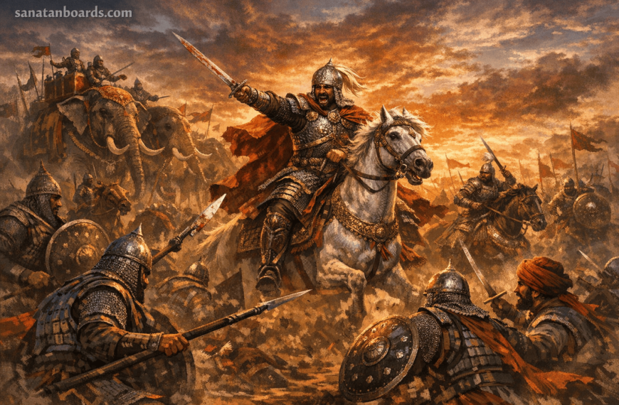 “Veer Ballala III leading Hoysala warriors in battle with elephants and cavalry, medieval battlefield, sunset sky, watermark sanatanboards.com.”