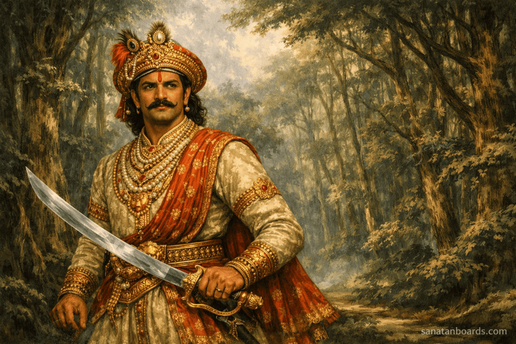 “Veera Kerala Varma (Kerala) leading tribal warriors in Malabar hills with sanatanboards.com watermark.”