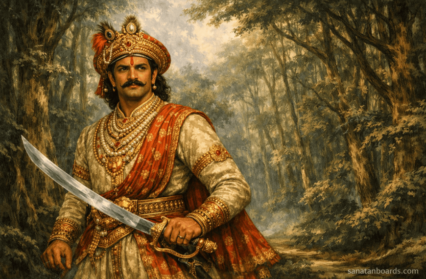 “Veera Kerala Varma (Kerala) leading tribal warriors in Malabar hills with sanatanboards.com watermark.”