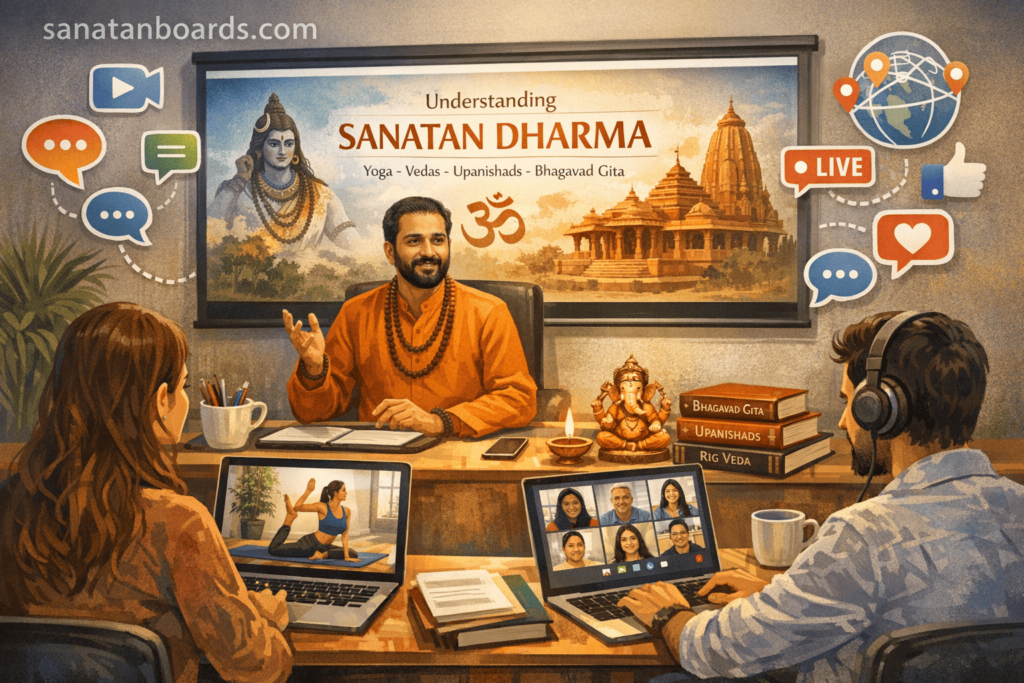 Online global class learning Sanatan Dharma, incorporating yoga and sacred texts, watermark sanatanboards.com.