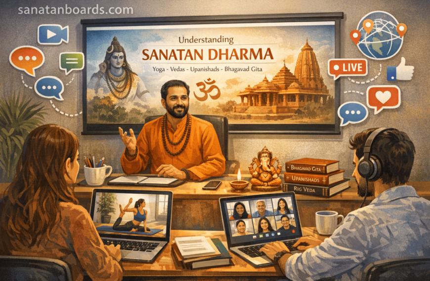 Online global class learning Sanatan Dharma, incorporating yoga and sacred texts, watermark sanatanboards.com.