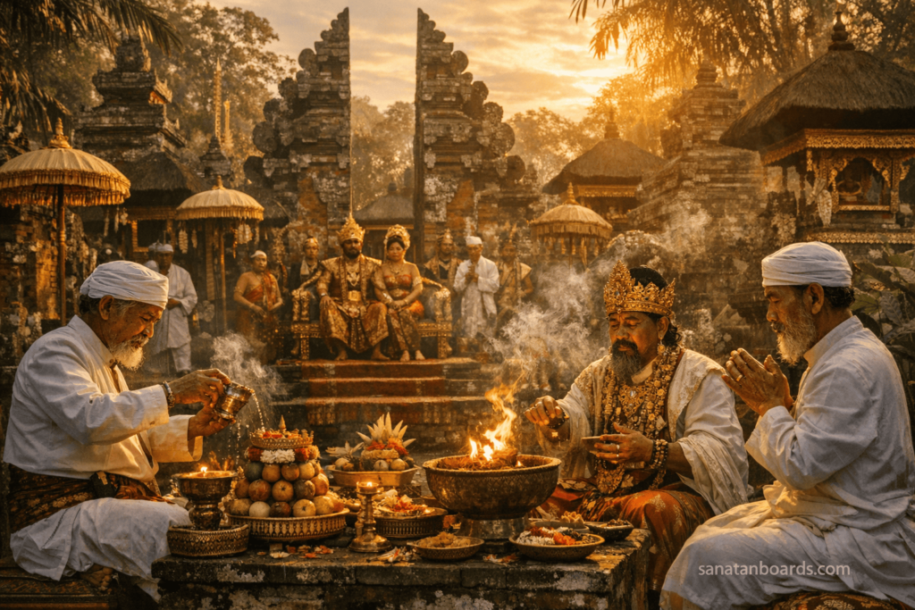 Balinese temple ceremony scene during King Dharmodayana Warmadewa’s reign with priests and traditional rituals.