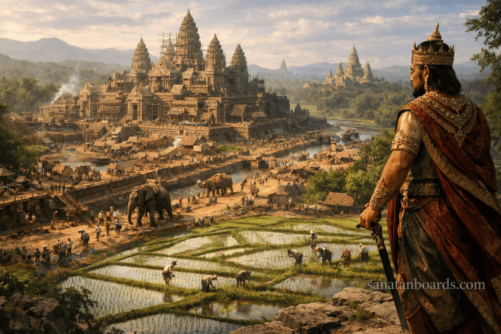 Panoramic view of Majapahit Empire capital Trowulan with King Hayam Wuruk overlooking the city, temples, marketplaces, and trading boats along rivers.